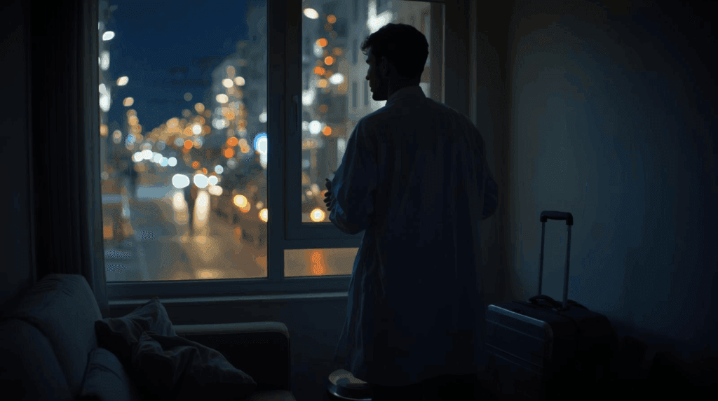 Uma pessoa de bata branca junto a uma janela observa a rua da cidade à noite; uma mala repousa perto, na penumbra do quarto.
