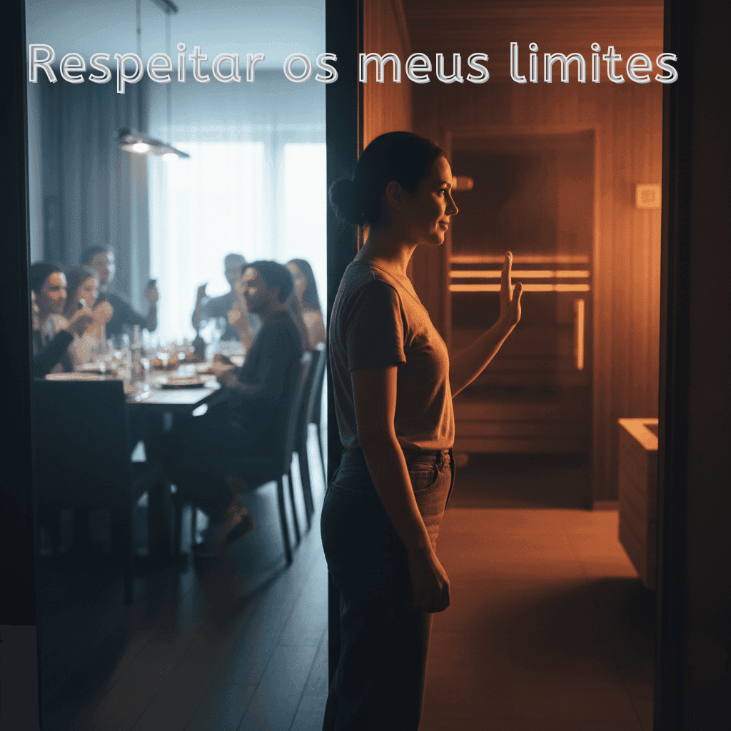 Uma mulher se separa de um grupo à mesa, ergue a mão para uma porta, com "Respeitar os meus limites" acima dela.