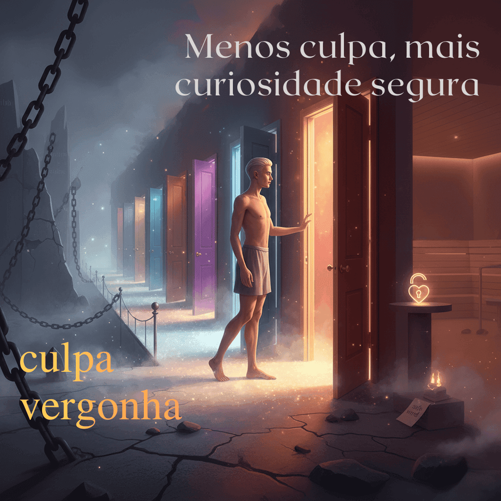 Uma pessoa está diante de várias portas abertas; no chão lê-se "culpa" e "vergonha", acima vê-se "Menos culpa, mais curiosidade segura".