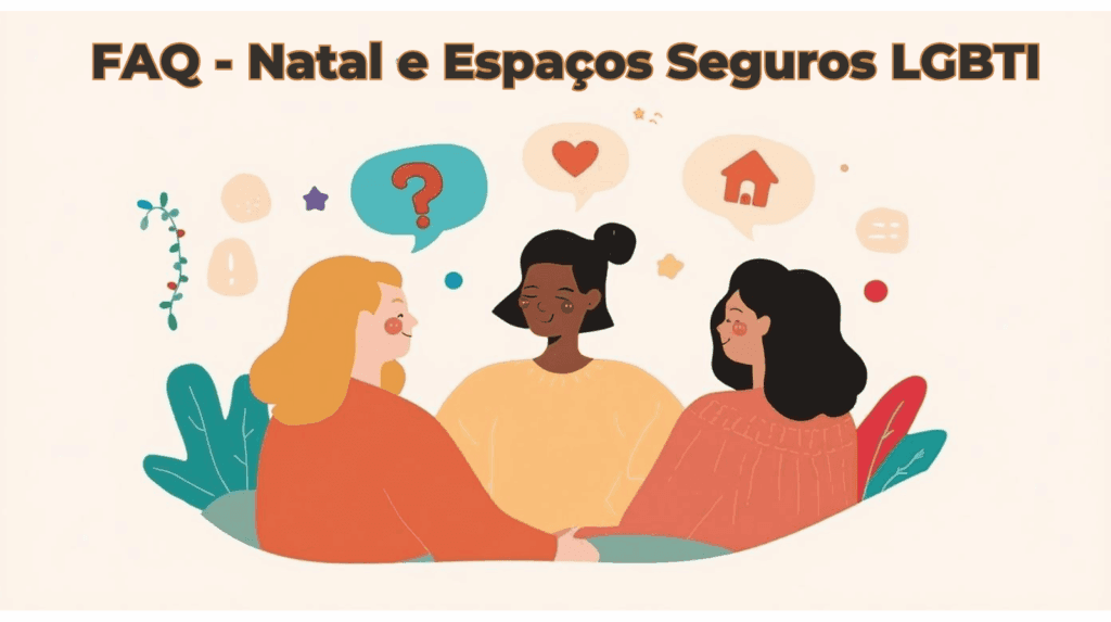 Ilustração de três pessoas sentadas a conversar, com balões de fala; topo com texto "FAQ - Natal e Espaços Seguros LGBTI".