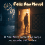 Pessoa na ombreira duma porta iluminada por luz cálida, fogo de artifício no céu noturno e texto em português a desejar bom ano.