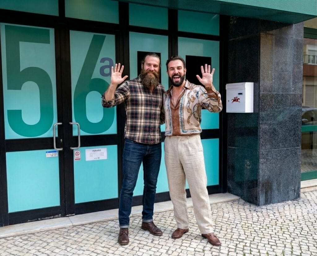 Dois homens sorriem e acenam diante da porta de vidro com o número "56a", recebendo visitantes na SaunApolo 56. Dois homens sorriem e acenam diante da porta de vidro com o número "56a", recebendo visitantes na SaunApolo 56.