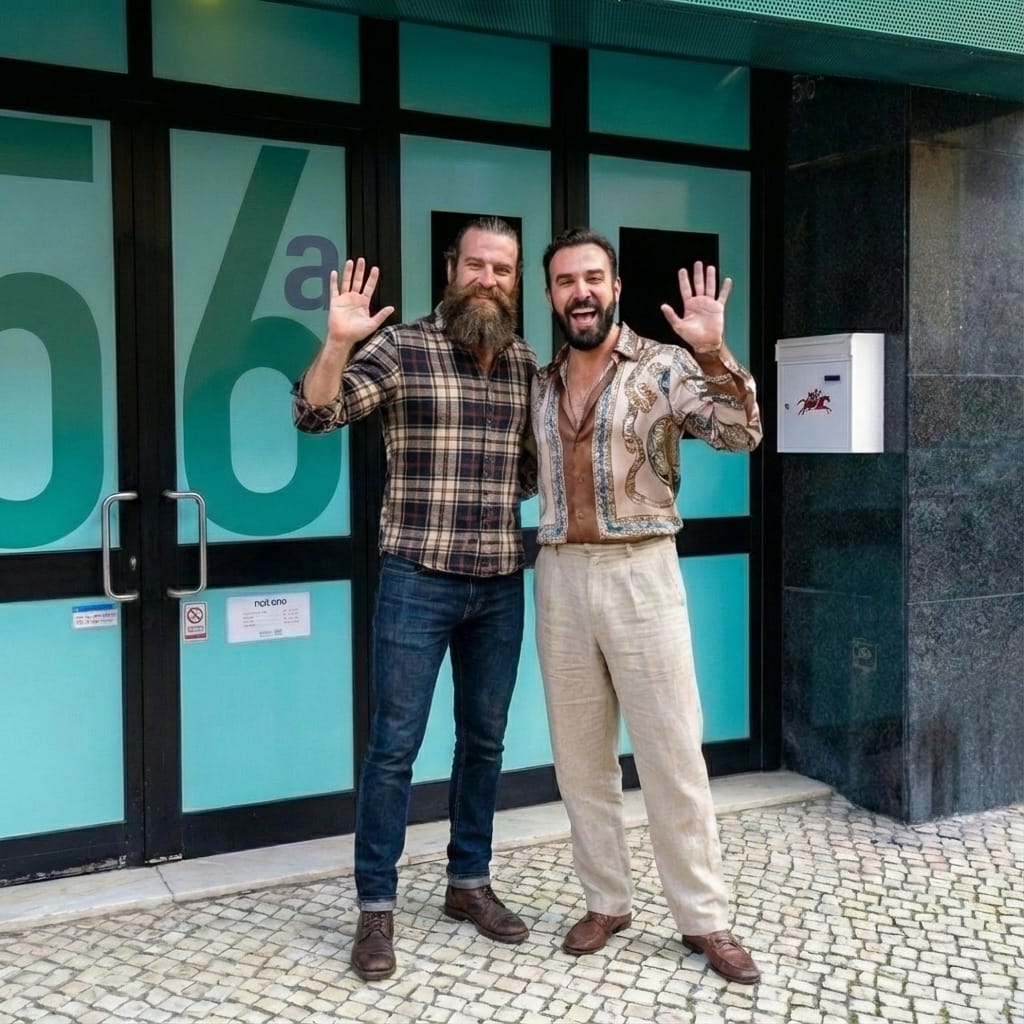 Dois homens estão em pé diante da porta da SaunApolo 56 em Lisboa, sorrindo para a câmara e levantando as mãos para acenar.
