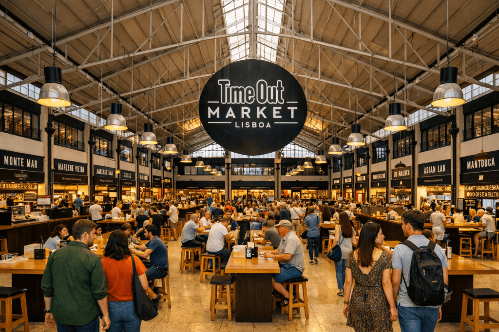 Mercado alimentar interior com mesas corridas cheias, banca à volta e letreiro grande "Time Out Market Lisboa" suspenso. Mercado alimentar interior com mesas corridas cheias, banca à volta e letreiro grande "Time Out Market Lisboa" suspenso.