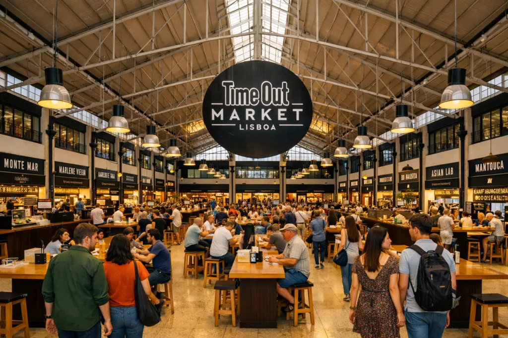 Mercado alimentar interior com mesas corridas cheias, banca à volta e letreiro grande "Time Out Market Lisboa" suspenso. Mercado alimentar interior com mesas corridas cheias, banca à volta e letreiro grande "Time Out Market Lisboa" suspenso.