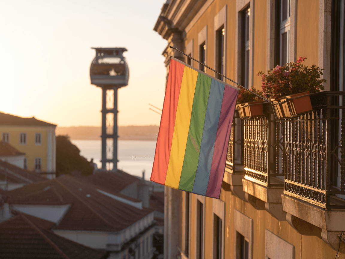 Bandeira arco-íris na varanda com floreiras, sobre telhados de Lisboa e torre do teleférico ao pôr do sol; ambiente acolhedor.