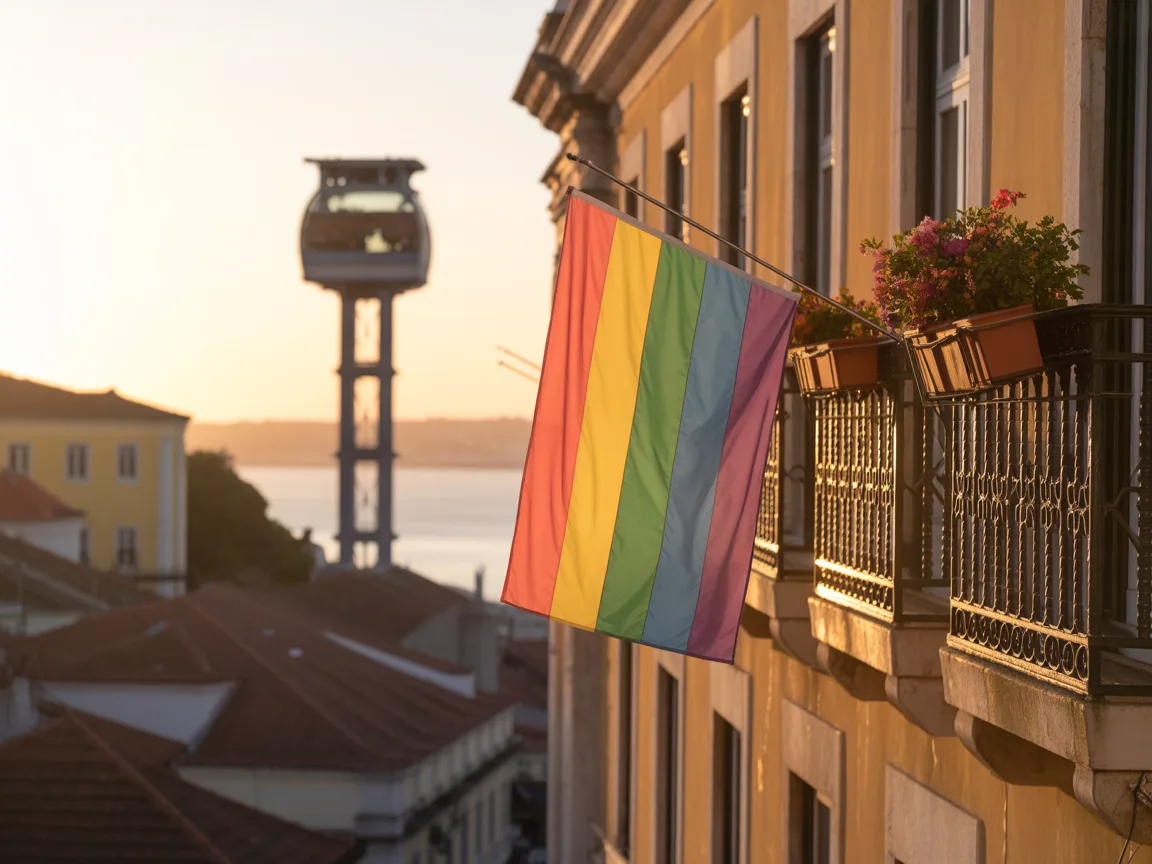 Bandeira arco-íris na varanda com floreiras, sobre telhados de Lisboa e torre do teleférico ao pôr do sol; ambiente acolhedor.