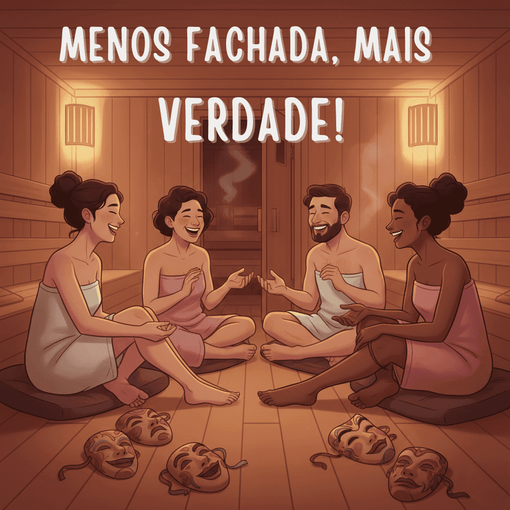 Quatro pessoas de toalha riem sentadas numa sauna, máscaras teatrais no chão. Texto: "MENOS FACHADA, MAIS VERDADE!".