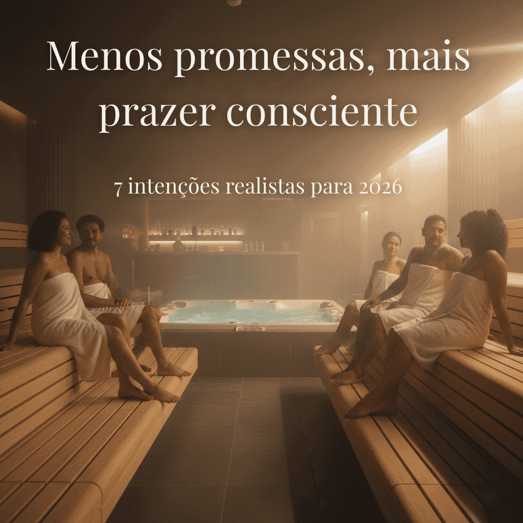 Cinco pessoas de toalha conversam em uma sauna moderna e pouco iluminada com jacuzzi; o texto promove o desfrute consciente e metas realistas para 2026.