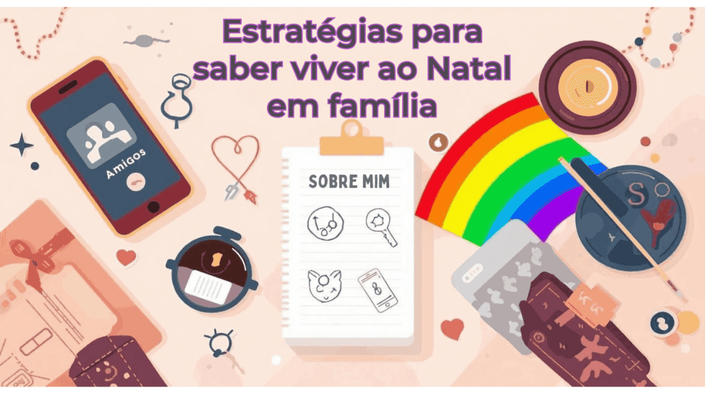 Mesa vista de cima com objetos diversos: celular, relógio, caneca, bloco "Sobre mim", cartões, prendas e arco-íris. Texto: "Estratégias para saber viver ao Natal em família".