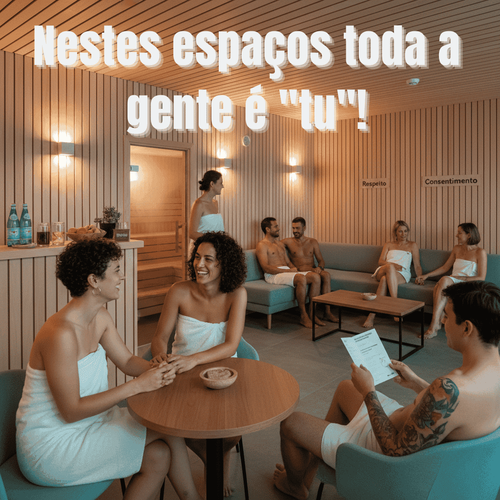 Sete pessoas de toalha conversam e relaxam em uma sauna moderna com painéis de madeira, com "Nestes espaços toda a gente é 'tu'!" escrito na parede.