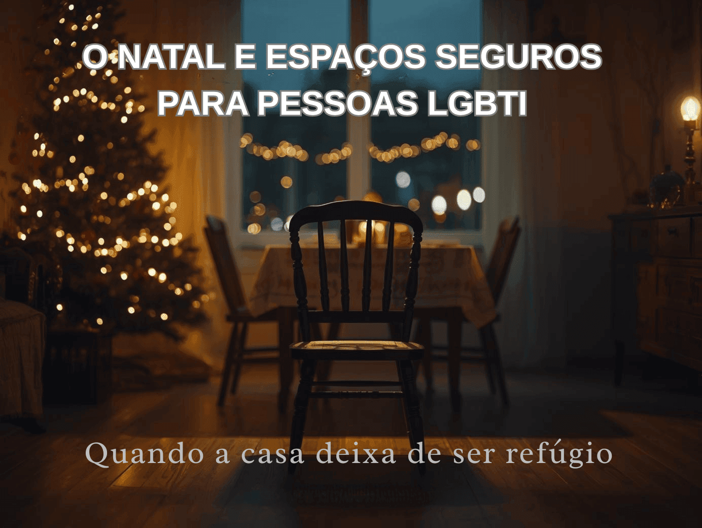 Uma sala pouco iluminada com árvore de Natal, mesa decorada e cadeira vazia; texto aborda Natal e espaços seguros LGBTI.
