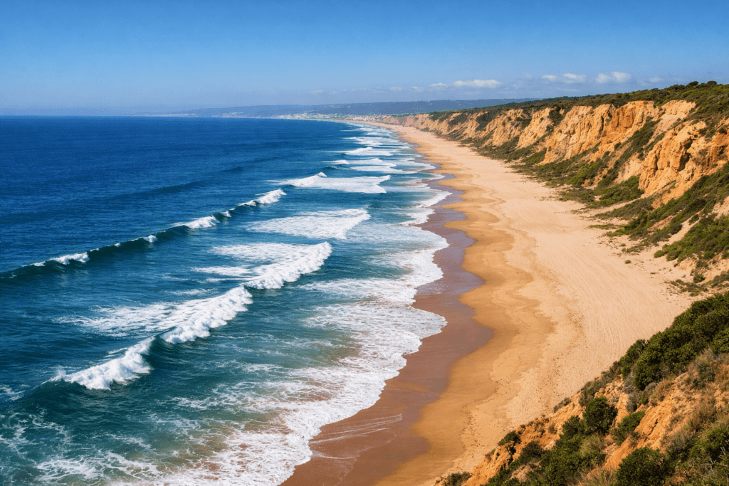 Uma longa praia de areia dourada, ondas suaves e falésias altas sob céu azul-ideal para pensar nos primeiros passos LGBTQ+ ou dicas migração Lisboa. Uma longa praia de areia dourada, ondas suaves e falésias altas sob céu azul-ideal para pensar nos primeiros passos LGBTQ+ ou dicas migração Lisboa.