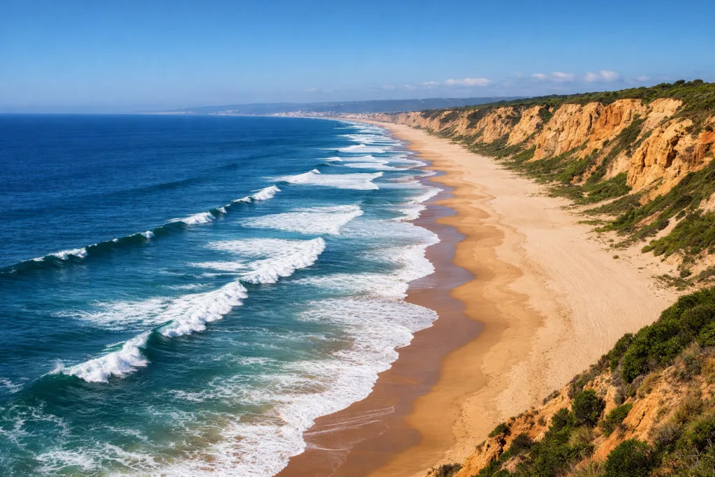 Uma longa praia de areia dourada, ondas suaves e falésias altas sob céu azul-ideal para pensar nos primeiros passos LGBTQ+ ou dicas migração Lisboa. Uma longa praia de areia dourada, ondas suaves e falésias altas sob céu azul-ideal para pensar nos primeiros passos LGBTQ+ ou dicas migração Lisboa.