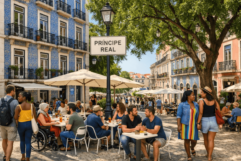As pessoas se sentiram em esplanadas sob guarda-sóis na animada Praça do Príncipe Real, em Lisboa, rodeada de árvores e prédios coloridos. As pessoas se sentiram em esplanadas sob guarda-sóis na animada Praça do Príncipe Real, em Lisboa, rodeada de árvores e prédios coloridos.