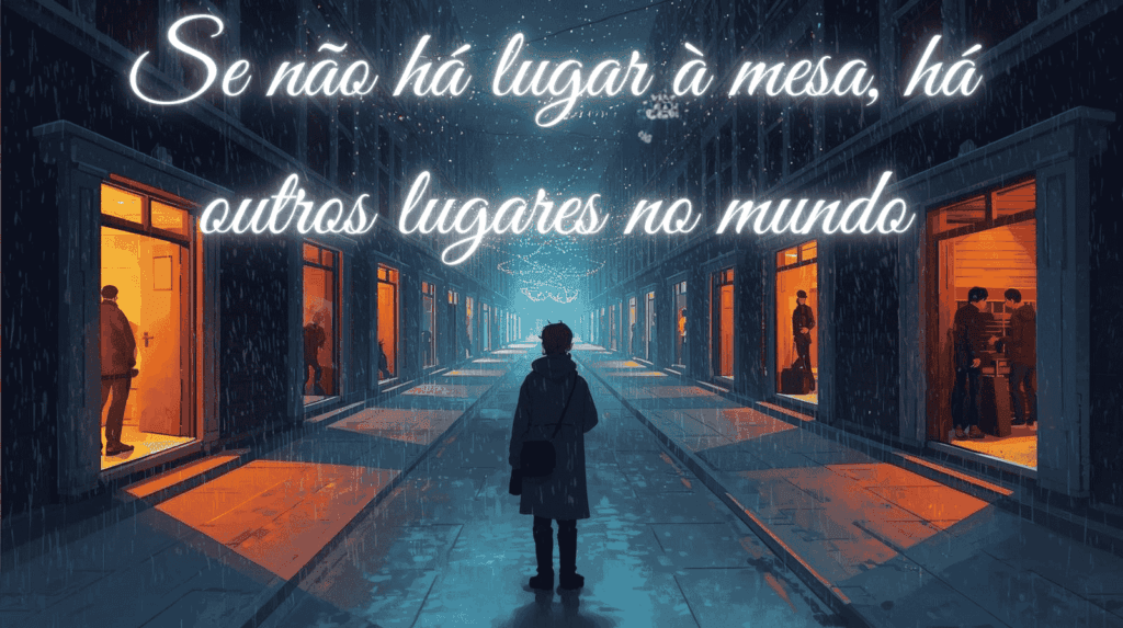 Uma pessoa está em uma rua chuvosa à noite, olhando para quartos iluminados. Texto: "Se não há lugar à mesa, há outros lugares no mundo.
