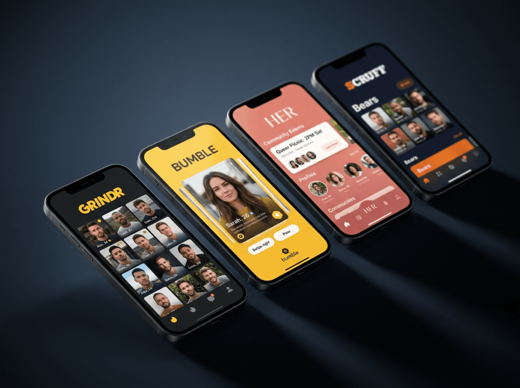 Quatro smartphones exibem interfaces de aplicativos de encontros - Grindr, Bumble, HER e Scruff - com perfeição e design sob fundo escuro. Quatro smartphones exibem interfaces de aplicativos de encontros - Grindr, Bumble, HER e Scruff - com perfeição e design sob fundo escuro.