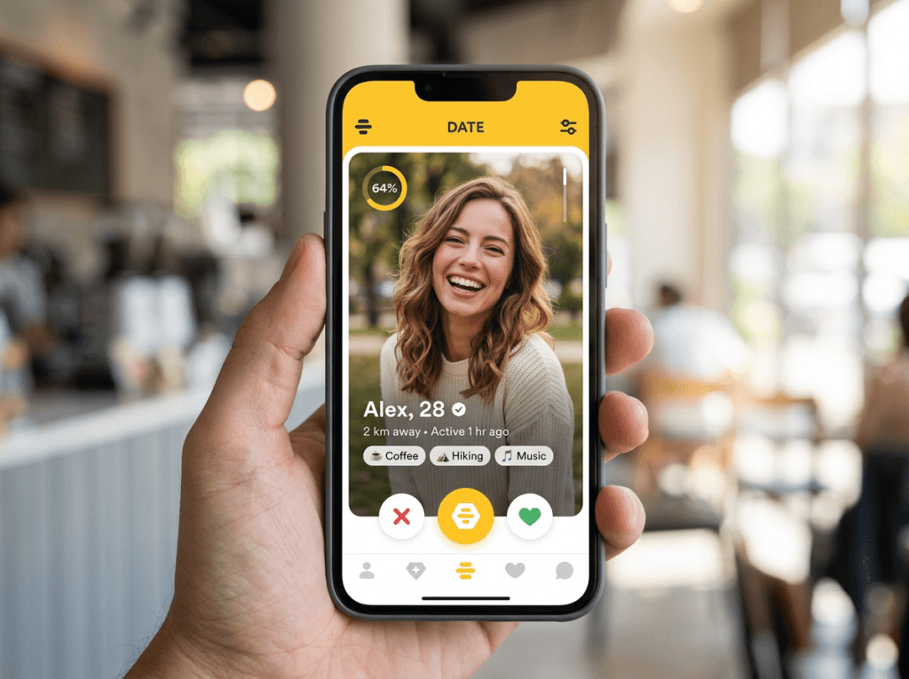 Uma mão segura um celular com perfil duma app LGBTI, mostrando Alex, 28 anos, sorridente; gosta de café, caminhadas e música. Uma mão segura um celular com perfil duma app LGBTI, mostrando Alex, 28 anos, sorridente; gosta de café, caminhadas e música.