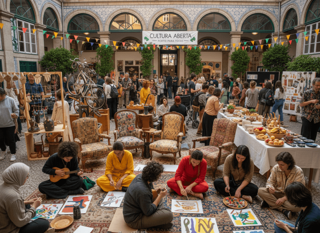 Uma cena vibrante de espaços culturais alternativos no Porto, destacando o turismo LGBTI no Porto como um elemento essencial dessa atmosfera inclusiva para todos. Em primeiro plano, um grupo diverso de pessoas vestidas com roupas coloridas e modestas envolvem-se em atividades criativas, como pintura e trabalhos manuais, refletindo o espírito acolhedor do turismo LGBTI no Porto. O plano intermédio apresenta instalações artísticas únicas, mobiliário vintage e artesãos locais expondo o seu trabalho, contribuindo para a riqueza cultural que caracteriza o turismo LGBTI no Porto. Ao fundo, a charmosa arquitetura de um edifício histórico revela um pátio animado cheio de verde e decorações alegres, cenário perfeito para o turismo LGBTI no Porto. Uma luz suave e quente banha toda a cena, evocando um ambiente acolhedor e amigável. A composição capta a essência da abertura mental e criatividade, convidando os espectadores a explorar o rico tecido cultural deste espaço único, símbolo do vibrante turismo LGBTI no Porto. O ângulo da câmara está ligeiramente elevado para fornecer uma vista panorâmica, enfatizando a vivacidade e diversidade da reunião, valores fundamentais para o turismo LGBTI no Porto. Uma cena vibrante de espaços culturais alternativos no Porto, destacando o turismo LGBTI no Porto como um elemento essencial dessa atmosfera inclusiva para todos. Em primeiro plano, um grupo diverso de pessoas vestidas com roupas coloridas e modestas envolvem-se em atividades criativas, como pintura e trabalhos manuais, refletindo o espírito acolhedor do turismo LGBTI no Porto. O plano intermédio apresenta instalações artísticas únicas, mobiliário vintage e artesãos locais expondo o seu trabalho, contribuindo para a riqueza cultural que caracteriza o turismo LGBTI no Porto. Ao fundo, a charmosa arquitetura de um edifício histórico revela um pátio animado cheio de verde e decorações alegres, cenário perfeito para o turismo LGBTI no Porto. Uma luz suave e quente banha toda a cena, evocando um ambiente acolhedor e amigável. A composição capta a essência da abertura mental e criatividade, convidando os espectadores a explorar o rico tecido cultural deste espaço único, símbolo do vibrante turismo LGBTI no Porto. O ângulo da câmara está ligeiramente elevado para fornecer uma vista panorâmica, enfatizando a vivacidade e diversidade da reunião, valores fundamentais para o turismo LGBTI no Porto.