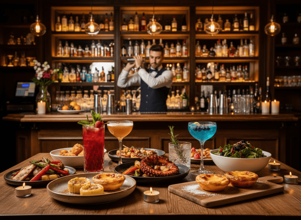 Uma cena vibrante e acolhedora destaca a gastronomia e cocktails num restaurante elegante, perfeitamente alinhado com o turismo LGBTI no Porto e Norte de Portugal. Em primeiro plano, uma mesa arrumada com pratos coloridos, como marisco fresco, pastéis tradicionais portugueses e produtos locais, acompanhados por cocktails decorados com frutas e ervas diversas. No centro, um bartender profissional prepara bebidas com habilidade, enquanto ao fundo o bar, iluminado suavemente por luzes pendentes, exibe prateleiras cheias de garrafas. A luz das velas cria um ambiente quente e convidativo, perfeito para celebrar sabores e experiências. A fotografia, captada de um ângulo ligeiramente baixo, realça as cores vivas e a atmosfera agradável deste momento de indulgência e celebração inclusiva. Uma cena vibrante e acolhedora destaca a gastronomia e cocktails num restaurante elegante, perfeitamente alinhado com o turismo LGBTI no Porto e Norte de Portugal. Em primeiro plano, uma mesa arrumada com pratos coloridos, como marisco fresco, pastéis tradicionais portugueses e produtos locais, acompanhados por cocktails decorados com frutas e ervas diversas. No centro, um bartender profissional prepara bebidas com habilidade, enquanto ao fundo o bar, iluminado suavemente por luzes pendentes, exibe prateleiras cheias de garrafas. A luz das velas cria um ambiente quente e convidativo, perfeito para celebrar sabores e experiências. A fotografia, captada de um ângulo ligeiramente baixo, realça as cores vivas e a atmosfera agradável deste momento de indulgência e celebração inclusiva.