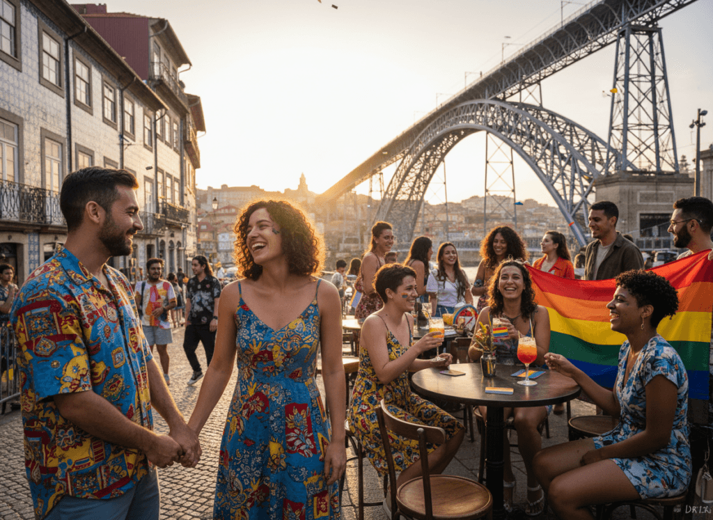 Uma cena vibrante numa rua do Porto celebra o turismo LGBTI no Porto, destacando a cultura LGBTQ com um grupo diverso de pessoas vestidas com roupas modestas e coloridas reunidas numa esplanada. Em primeiro plano, um casal de mãos dadas sorri, enquanto um grupo de amigos desfruta de bebidas e ri, sentado numa mesa adornada com decorações em arco-íris. A camada intermédia revela a arquitetura icónica do Porto, com edifícios revestidos de azulejos e a Ponte Dom Luís I ao fundo. A cena é iluminada pela luz quente e dourada do pôr-do-sol, que realça a atmosfera festiva. Captada num ligeiro ângulo para evocar profundidade e energia, esta imagem incorpora um sentido forte de comunidade e orgulho, num ambiente animado e acolhedor. Uma cena vibrante numa rua do Porto celebra o turismo LGBTI no Porto, destacando a cultura LGBTQ com um grupo diverso de pessoas vestidas com roupas modestas e coloridas reunidas numa esplanada. Em primeiro plano, um casal de mãos dadas sorri, enquanto um grupo de amigos desfruta de bebidas e ri, sentado numa mesa adornada com decorações em arco-íris. A camada intermédia revela a arquitetura icónica do Porto, com edifícios revestidos de azulejos e a Ponte Dom Luís I ao fundo. A cena é iluminada pela luz quente e dourada do pôr-do-sol, que realça a atmosfera festiva. Captada num ligeiro ângulo para evocar profundidade e energia, esta imagem incorpora um sentido forte de comunidade e orgulho, num ambiente animado e acolhedor.