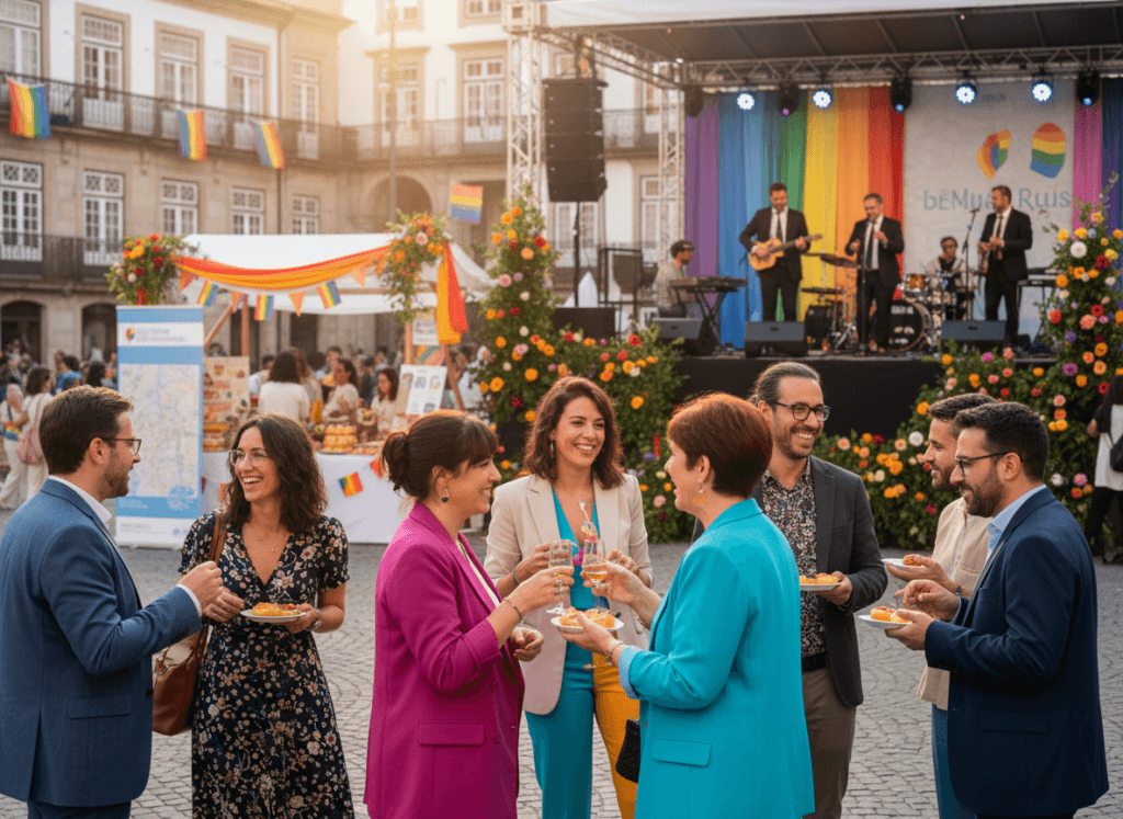 Uma cena vibrante que captura um animado evento ao ar livre em celebração da comunidade LGBTIQ+, situado numa pitoresca praça no Porto, Portugal. Em primeiro plano, um grupo diversificado de indivíduos, vestidos com trajes coloridos mas profissionais, interage alegremente, partilhando sorrisos e risos. Em plano intermédio, bancas lindamente decoradas oferecem iguarias locais e informação cultural, enquanto um palco com músicos anima a multidão, realçando ainda mais a atmosfera festiva. Ao fundo, destaca-se a arquitectura histórica portuguesa banhada por uma luz dourada e cálida, com bandeiras coloridas a esvoaçar. O ambiente geral é inclusivo e vibrante, reflectindo um sentido de pertença e celebração. Utilize luz suave e natural para criar uma atmosfera convidativa, capturando a energia deste evento exclusivo. Uma cena vibrante que captura um animado evento ao ar livre em celebração da comunidade LGBTIQ+, situado numa pitoresca praça no Porto, Portugal. Em primeiro plano, um grupo diversificado de indivíduos, vestidos com trajes coloridos mas profissionais, interage alegremente, partilhando sorrisos e risos. Em plano intermédio, bancas lindamente decoradas oferecem iguarias locais e informação cultural, enquanto um palco com músicos anima a multidão, realçando ainda mais a atmosfera festiva. Ao fundo, destaca-se a arquitectura histórica portuguesa banhada por uma luz dourada e cálida, com bandeiras coloridas a esvoaçar. O ambiente geral é inclusivo e vibrante, reflectindo um sentido de pertença e celebração. Utilize luz suave e natural para criar uma atmosfera convidativa, capturando a energia deste evento exclusivo.