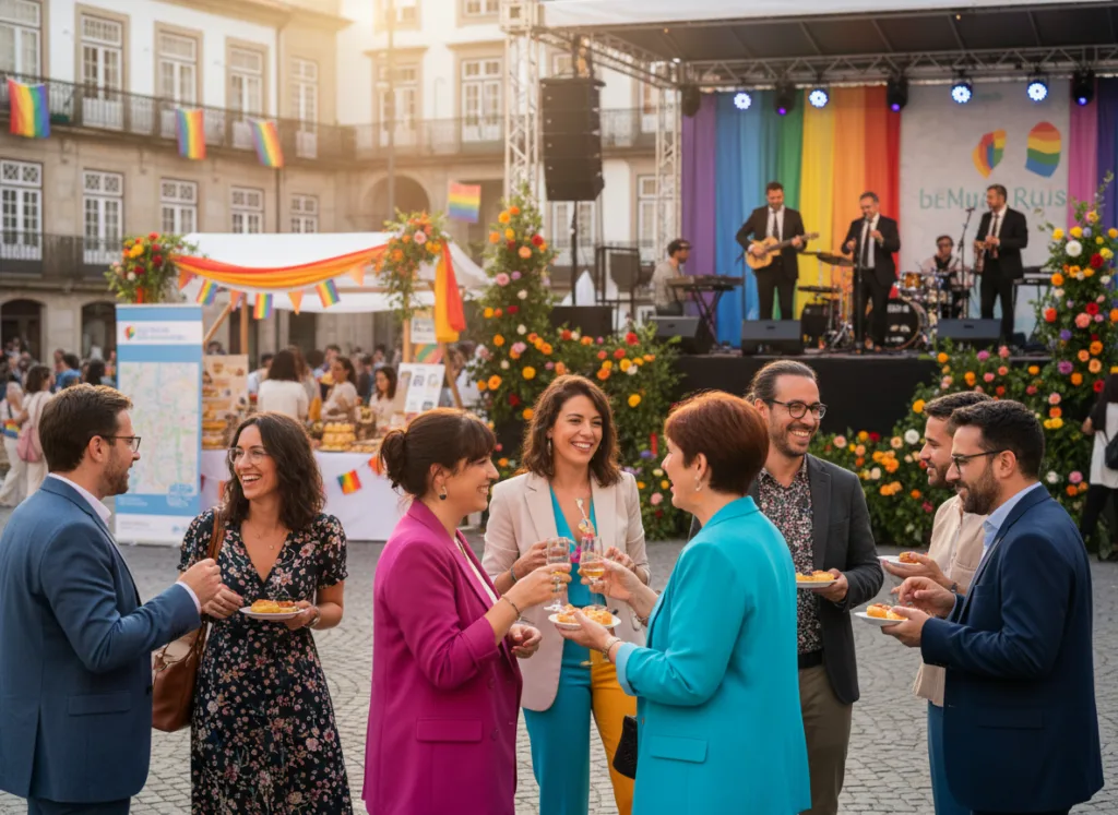 Uma cena vibrante que captura um animado evento ao ar livre em celebração da comunidade LGBTIQ+, situado numa pitoresca praça no Porto, Portugal. Em primeiro plano, um grupo diversificado de indivíduos, vestidos com trajes coloridos mas profissionais, interage alegremente, partilhando sorrisos e risos. Em plano intermédio, bancas lindamente decoradas oferecem iguarias locais e informação cultural, enquanto um palco com músicos anima a multidão, realçando ainda mais a atmosfera festiva. Ao fundo, destaca-se a arquitectura histórica portuguesa banhada por uma luz dourada e cálida, com bandeiras coloridas a esvoaçar. O ambiente geral é inclusivo e vibrante, reflectindo um sentido de pertença e celebração. Utilize luz suave e natural para criar uma atmosfera convidativa, capturando a energia deste evento exclusivo. Uma cena vibrante que captura um animado evento ao ar livre em celebração da comunidade LGBTIQ+, situado numa pitoresca praça no Porto, Portugal. Em primeiro plano, um grupo diversificado de indivíduos, vestidos com trajes coloridos mas profissionais, interage alegremente, partilhando sorrisos e risos. Em plano intermédio, bancas lindamente decoradas oferecem iguarias locais e informação cultural, enquanto um palco com músicos anima a multidão, realçando ainda mais a atmosfera festiva. Ao fundo, destaca-se a arquitectura histórica portuguesa banhada por uma luz dourada e cálida, com bandeiras coloridas a esvoaçar. O ambiente geral é inclusivo e vibrante, reflectindo um sentido de pertença e celebração. Utilize luz suave e natural para criar uma atmosfera convidativa, capturando a energia deste evento exclusivo.