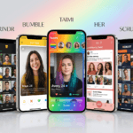 Cinco smartphones exibem ecrãs iniciais de aplicativos LGBTI-Grindr, Bumble, Taimi, HER e Scruff-com perfis e dicas de segurança.