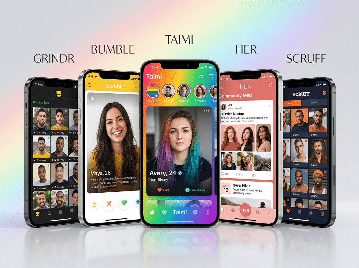 Cinco smartphones exibem ecrãs iniciais de aplicativos LGBTI-Grindr, Bumble, Taimi, HER e Scruff-com perfis e dicas de segurança.