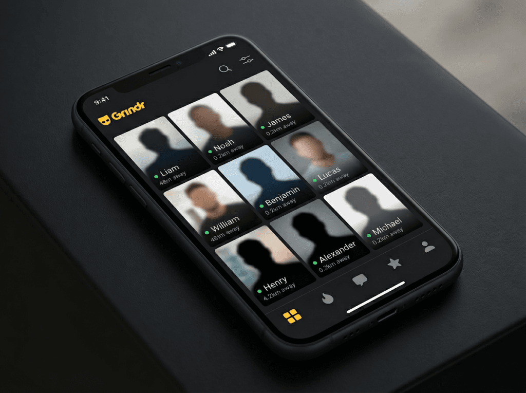 Um celular mostra a aplicação Grindr, conhecida entre os aplicativos de encontros LGBTI, com grelha de perfis desfocados e nomes. Um celular mostra a aplicação Grindr, conhecida entre os aplicativos de encontros LGBTI, com grelha de perfis desfocados e nomes.
