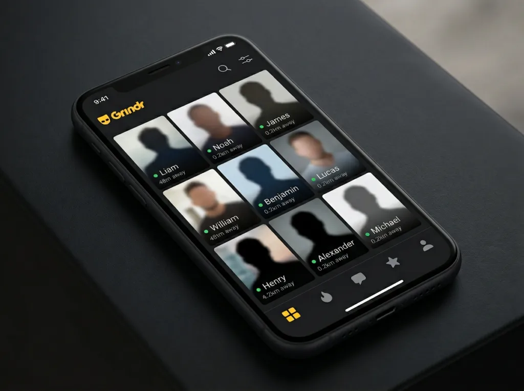 Um celular mostra a aplicação Grindr, conhecida entre os aplicativos de encontros LGBTI, com grelha de perfis desfocados e nomes.