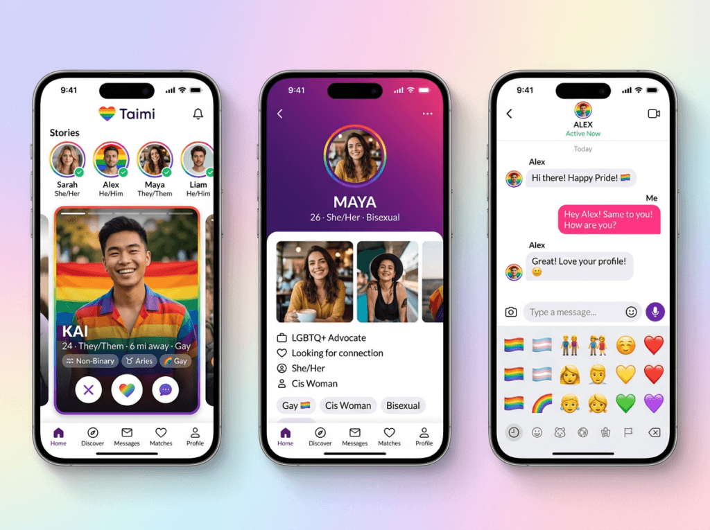 Três ecrãs de smartphones exibem uma aplicação de encontros LGBTI, mostrando perfis, mensagens e opções de pronomes inclusivos. Três ecrãs de smartphones exibem uma aplicação de encontros LGBTI, mostrando perfis, mensagens e opções de pronomes inclusivos.
