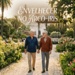 Dois homens idosos dão as mãos e caminham por um jardim florido, com a frase “Envelhecer no Arco-Íris” escrita acima deles.