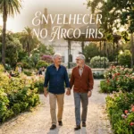 Dois homens idosos dão as mãos e caminham por um jardim florido, com a frase “Envelhecer no Arco-Íris” escrita acima deles.