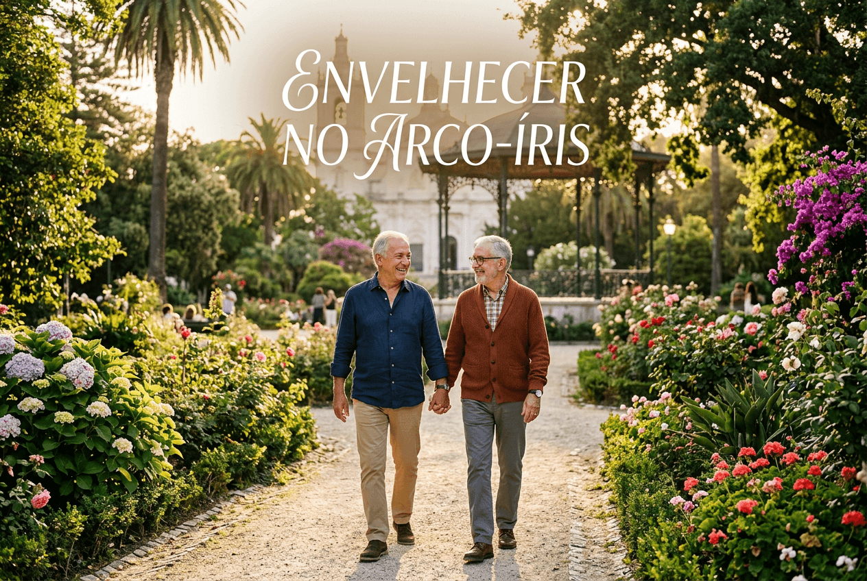 Dois homens idosos dão as mãos e caminham por um jardim florido, com a frase “Envelhecer no Arco-Íris” escrita acima deles.