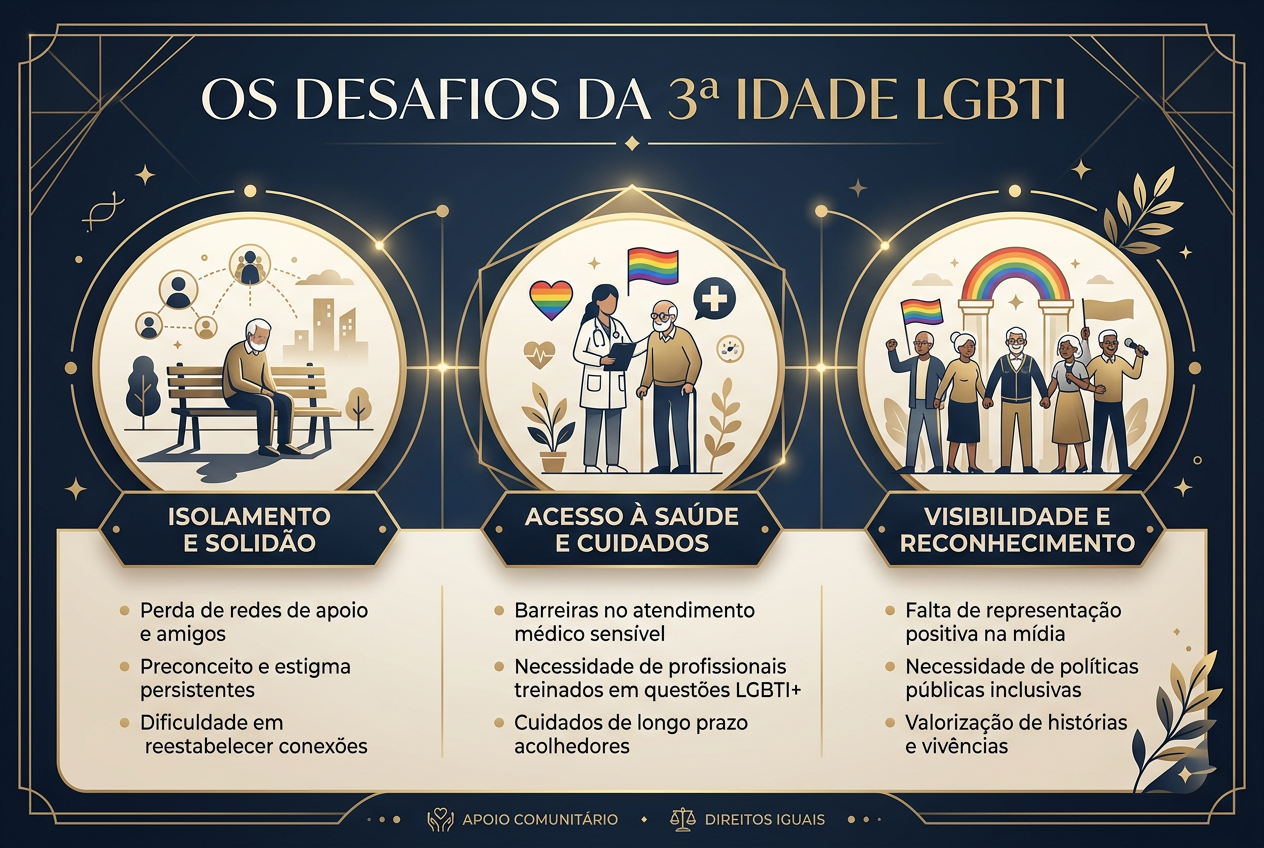 Infográfico sobre os desafios enfrentados por idosos LGBTI: isolamento, barreiras no acesso à saúde, visibilidade e reconhecimento; ícones e tópicos.