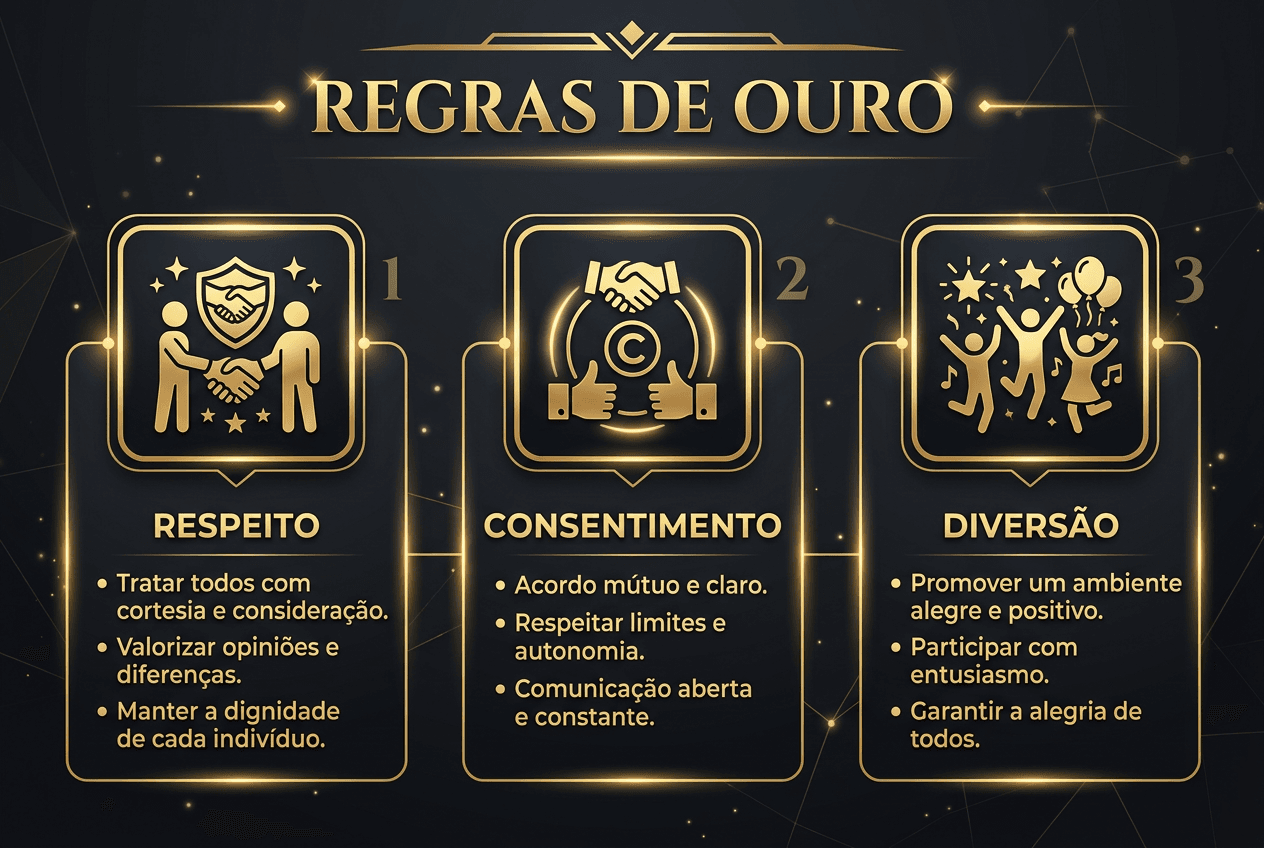 Infográfico detalhado das normas de etiqueta e respeito na SaunApolo 56 O gráfico “Regras de Ouro” destaca Respeito, Consentimento e Diversão, com ícones e dicas para todos na SaunApolo 56.