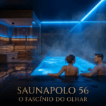 Um homem e uma mulher estão sentados em uma piscina coberta, envolta em névoa e luz azul; ao fundo, vê-se uma sauna. Texto: “SAUNAPOLO 56 O FASCÍNIO DO OLHAR.”.