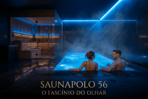 Um homem e uma mulher estão sentados em uma piscina coberta, envolta em névoa e luz azul; ao fundo, vê-se uma sauna. Texto: “SAUNAPOLO 56 O FASCÍNIO DO OLHAR.”.