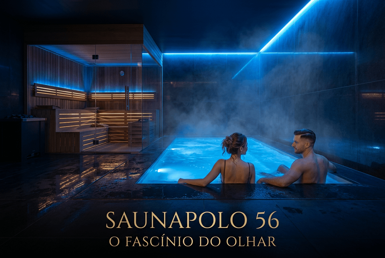 Um homem e uma mulher estão sentados em uma piscina coberta, envolta em névoa e luz azul; ao fundo, vê-se uma sauna. Texto: “SAUNAPOLO 56 O FASCÍNIO DO OLHAR.”.