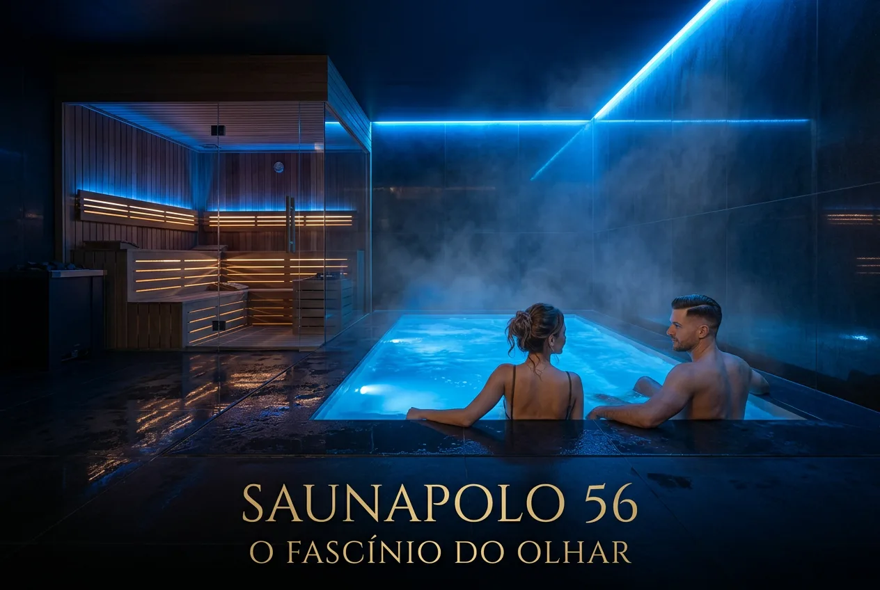 Um homem e uma mulher estão sentados em uma piscina coberta, envolta em névoa e luz azul; ao fundo, vê-se uma sauna. Texto: “SAUNAPOLO 56 O FASCÍNIO DO OLHAR.”.