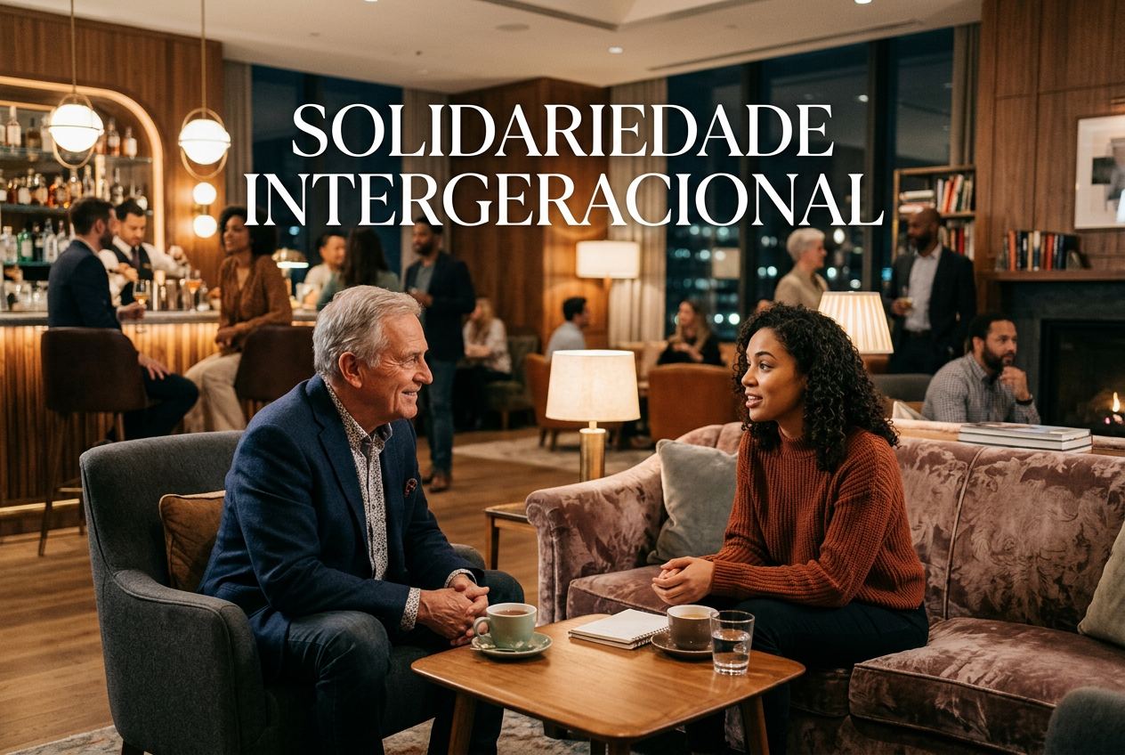 Um senhor idoso e uma jovem conversam à mesa em um salão aconchegante; pode-se ler: “SOLIDARIEDADE INTERGERACIONAL — desafios da terceira idade LGBTI em destaque”.
