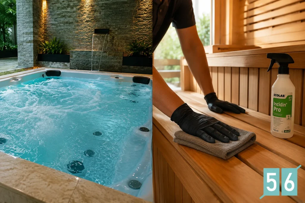 Uma banheira de hidromassagem borbulhando ao lado de uma pessoa que limpa um banco de sauna de madeira com um pano e um borrifador de desinfetante, usando luvas pretas, ilustrando os cuidados essenciais de higiene e segurança em uma sauna liberal. Uma banheira de hidromassagem borbulhando ao lado de uma pessoa que limpa um banco de sauna de madeira com um pano e um borrifador de desinfetante, usando luvas pretas, ilustrando os cuidados essenciais de higiene e segurança em uma sauna liberal.