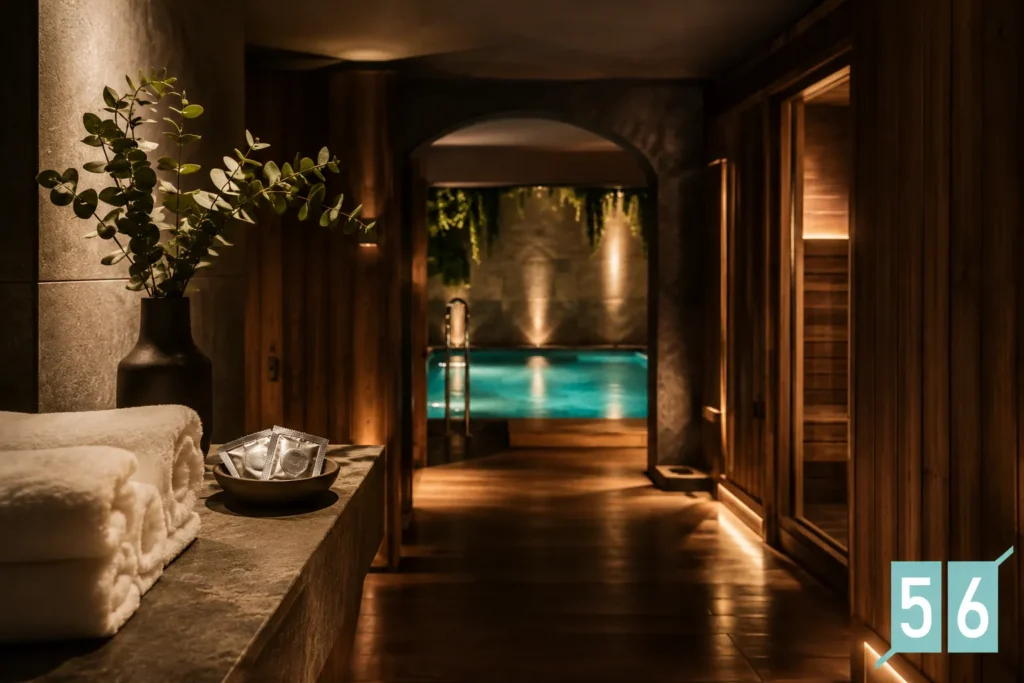 Spa suavemente iluminado, com toalhas empilhadas, um vaso e velas em destaque no primeiro plano; ao fundo, uma piscina com paredes de pedra e vegetação ao redor, criando um ambiente onde a higiene e a segurança em uma sauna liberal são cuidadosamente garantidas para o seu conforto. Spa suavemente iluminado, com toalhas empilhadas, um vaso e velas em destaque no primeiro plano; ao fundo, uma piscina com paredes de pedra e vegetação ao redor, criando um ambiente onde a higiene e a segurança em uma sauna liberal são cuidadosamente garantidas para o seu conforto.
