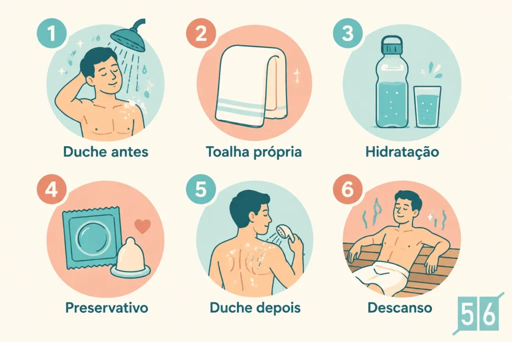 Seis círculos ilustrados mostram as etapas de higiene e segurança em uma sauna liberal: tomar banho antes, usar toalha própria, hidratar-se, usar preservativo, tomar banho após a atividade e descansar. As etapas estão numeradas de um a seis com ícones representativos. Seis círculos ilustrados mostram as etapas de higiene e segurança em uma sauna liberal: tomar banho antes, usar toalha própria, hidratar-se, usar preservativo, tomar banho após a atividade e descansar. As etapas estão numeradas de um a seis com ícones representativos.