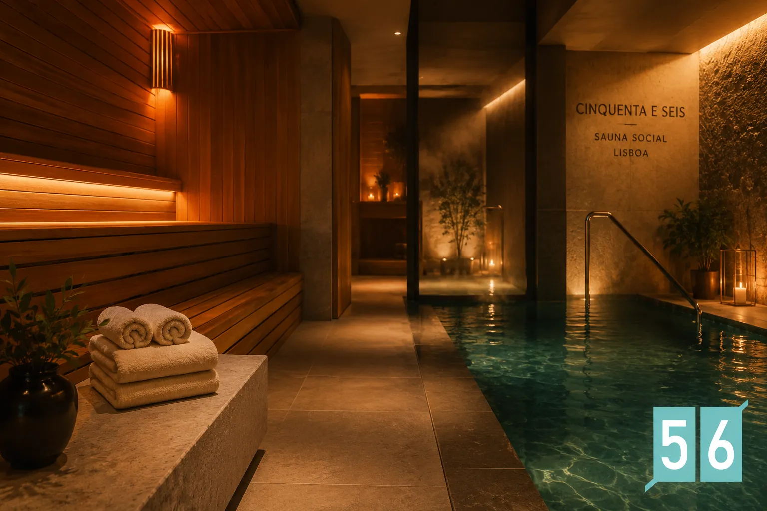Editorial landscape photograph () of a serene modern boutique sauna interior in Lisbon: warm cedar wood benches, ambient