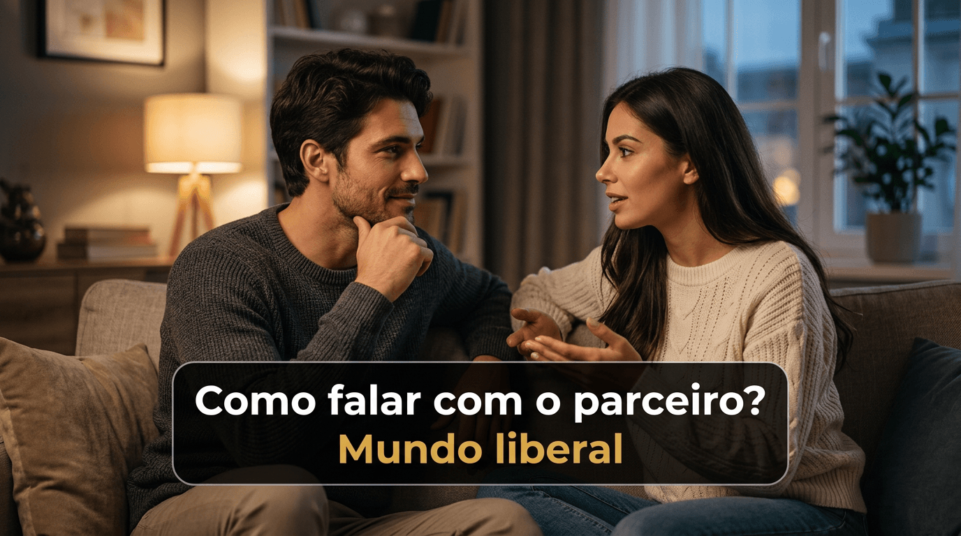 Um casal está sentado em um sofá em uma aconchegante sala de estar, conversando animadamente. Texto: “Como conversar com o parceiro? Mundo liberal.”.