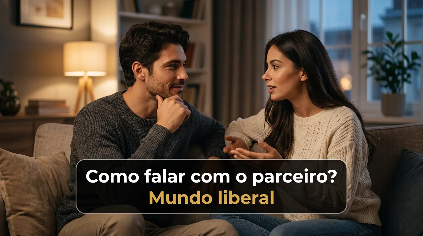 Um casal está sentado em um sofá em uma aconchegante sala de estar, conversando animadamente. Texto: “Como conversar com o parceiro? Mundo liberal.”.