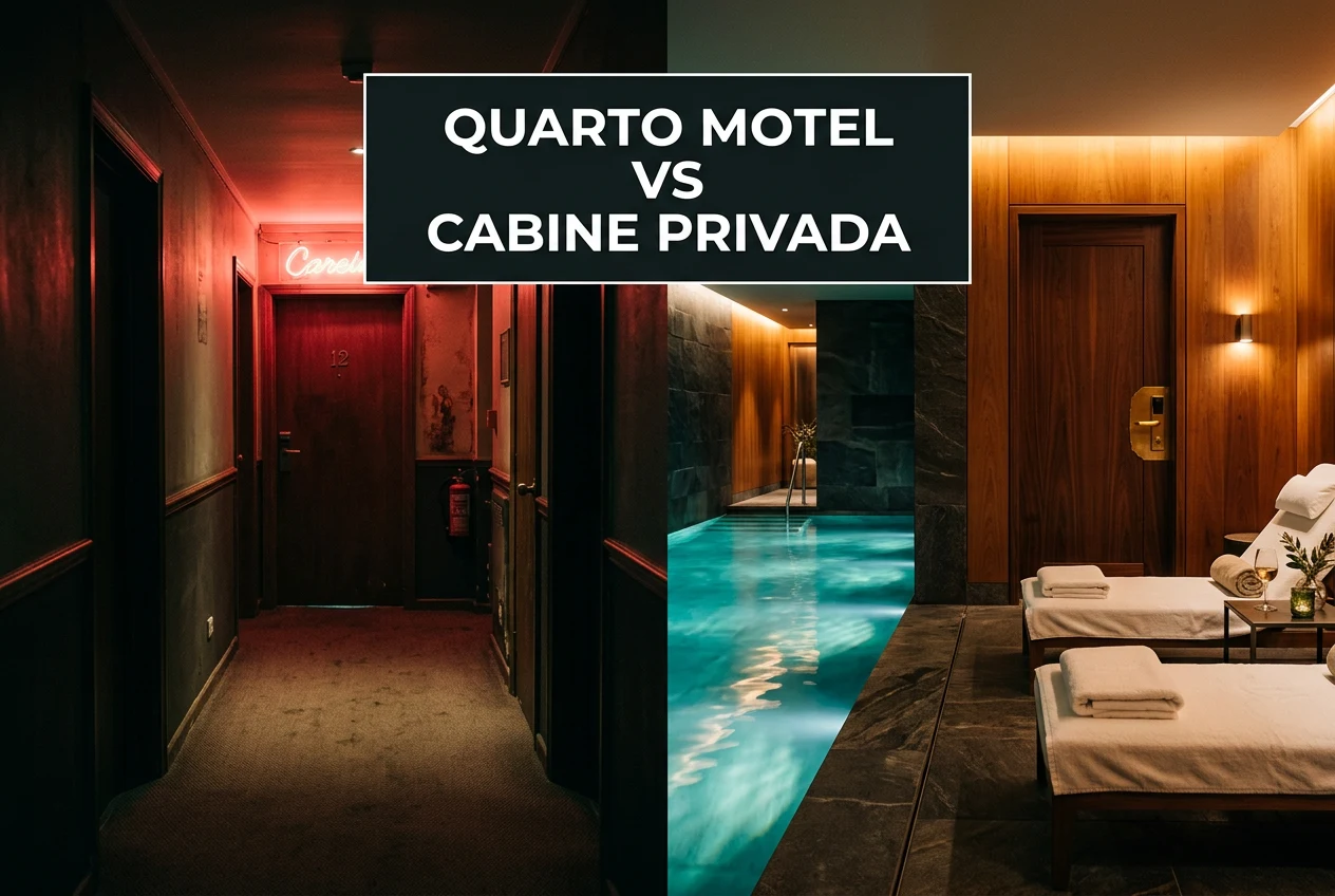 Imagem dividida: à esquerda, corredor de motel mal iluminado; à direita, quarto privado e moderno ao lado da piscina com espreguiçadeiras. Texto: “QUARTO DE MOTEL VS CABINE PRIVADA.”.